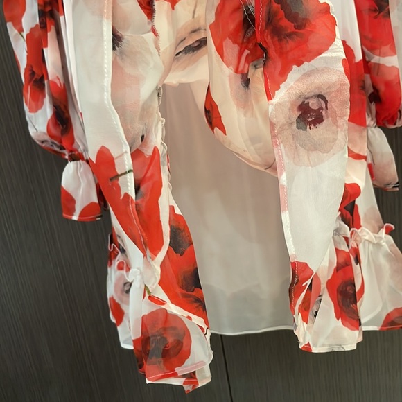 🤍NICHOLAS Poppy Floral Off-the-shoulder Silk mini Dress Red/white ❤️ - Picture 10 of 13